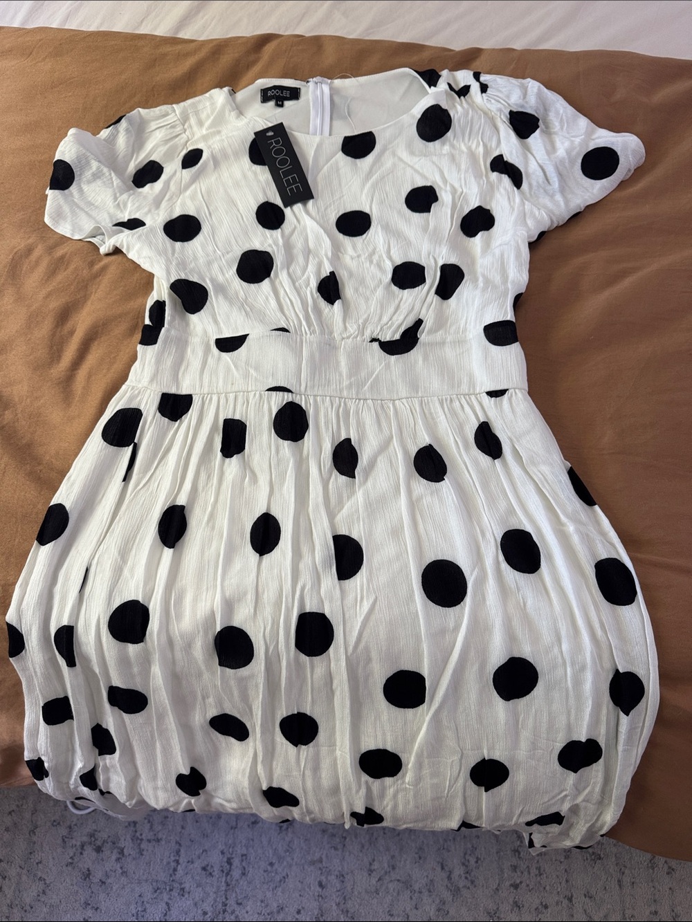 Roolee White Dress with Black Polka Dots and Puff Sleeves